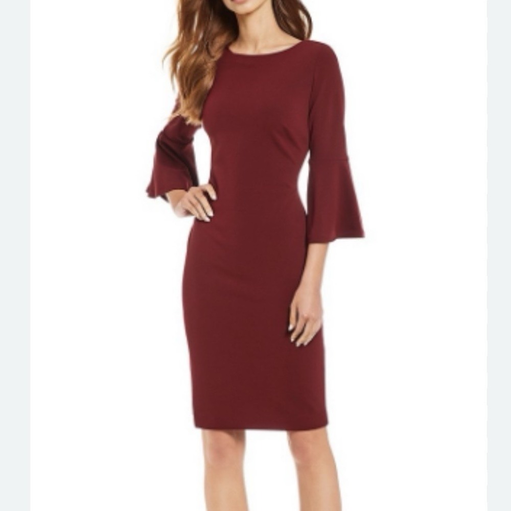 Calvin Klein Burgundy Bell Sleeve Stretch‎ Crepe Sheath Dress Size 6